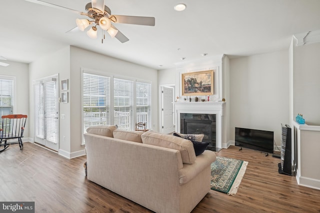 9 Brant Ct, Fredericksburg, VA 22406 - living room featuring a glass covered fireplace, a ceiling fan, wood finished floors, and baseboards