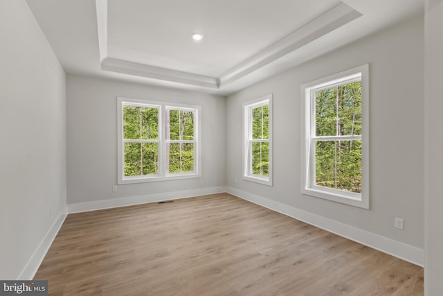 14665 Seneca Farm Ln, Darnestown, MD 20874 - empty room featuring a tray ceiling, baseboards, and light wood finished floors