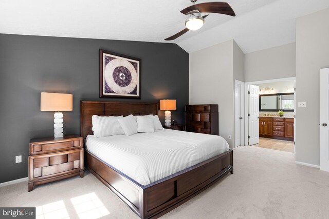 12407 Rousseau Ter, North Potomac, MD 20878 - bedroom with vaulted ceiling, light colored carpet, ensuite bath, and ceiling fan