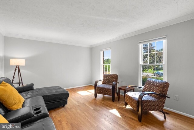 12407 Rousseau Ter, North Potomac, MD 20878 - living room with light wood finished floors, a textured ceiling, and ornamental molding