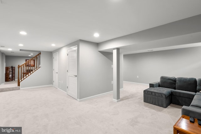 12407 Rousseau Ter, North Potomac, MD 20878 - living room with light carpet, recessed lighting, and stairway