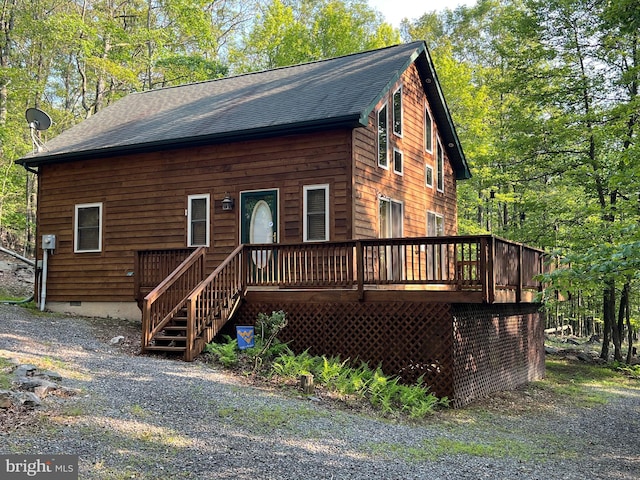 1000 Cardinal View Rd, Paw Paw, WV 25434 - chalet / cabin with a shingled roof and a wooden deck