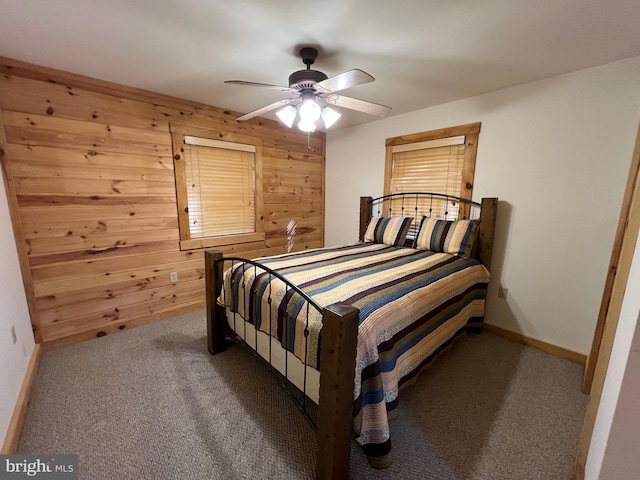 1000 Cardinal View Rd, Paw Paw, WV 25434 - bedroom featuring carpet, wood walls, and a ceiling fan