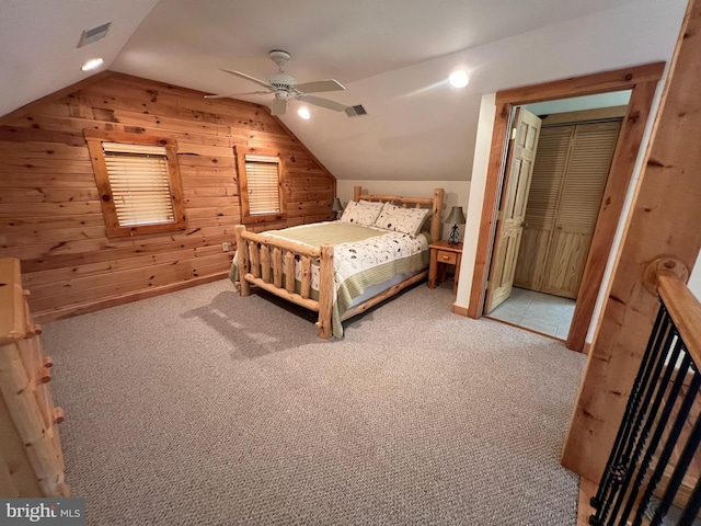 1000 Cardinal View Rd, Paw Paw, WV 25434 - carpeted bedroom with lofted ceiling, wood walls, a ceiling fan, and recessed lighting