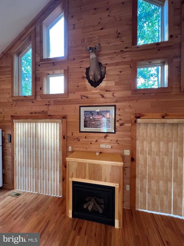 1000 Cardinal View Rd, Paw Paw, WV 25434 - unfurnished living room with wooden walls, wood finished floors, and a fireplace