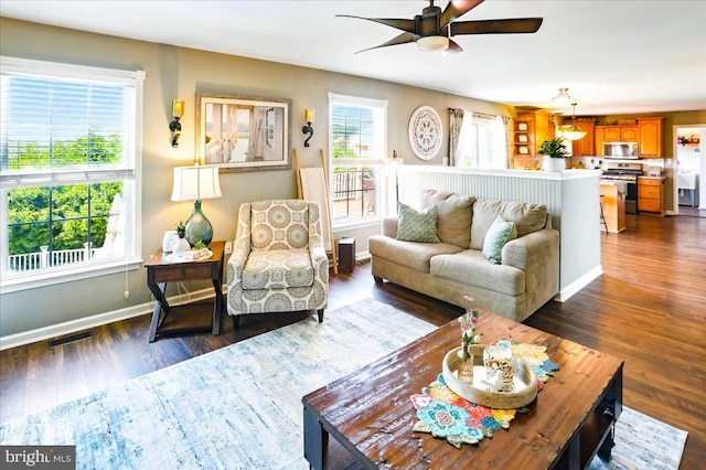 17 Shelly Dr, Reading, PA 19608 - living room featuring ceiling fan, dark wood-type flooring, and baseboards