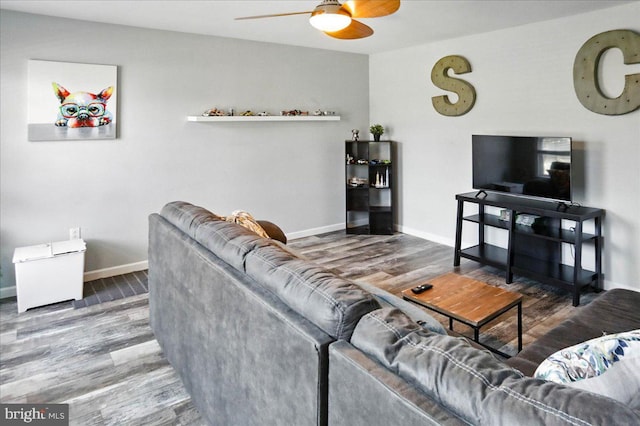 17 Shelly Dr, Reading, PA 19608 - living room featuring wood finished floors, a ceiling fan, and baseboards