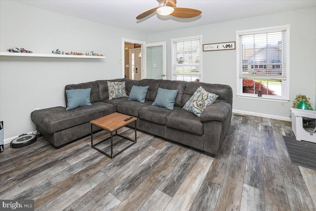 17 Shelly Dr, Reading, PA 19608 - living area with wood finished floors, a ceiling fan, and baseboards