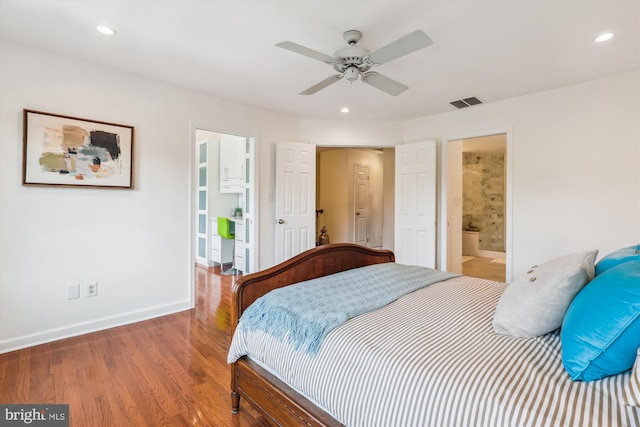 4410 S Pershing Ct, Arlington, VA 22204 - bedroom with wood finished floors, baseboards, ensuite bath, recessed lighting, and a ceiling fan