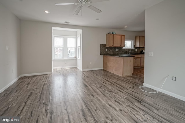318 12th St, Hammonton, NJ 08037 - kitchen featuring open floor plan, dark countertops, plenty of natural light, ceiling fan, and recessed lighting