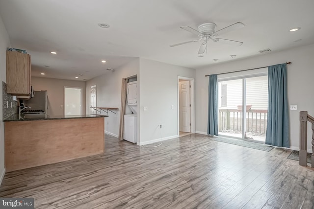 318 12th St, Hammonton, NJ 08037 - unfurnished living room with wood finished floors, a ceiling fan, baseboards, and recessed lighting