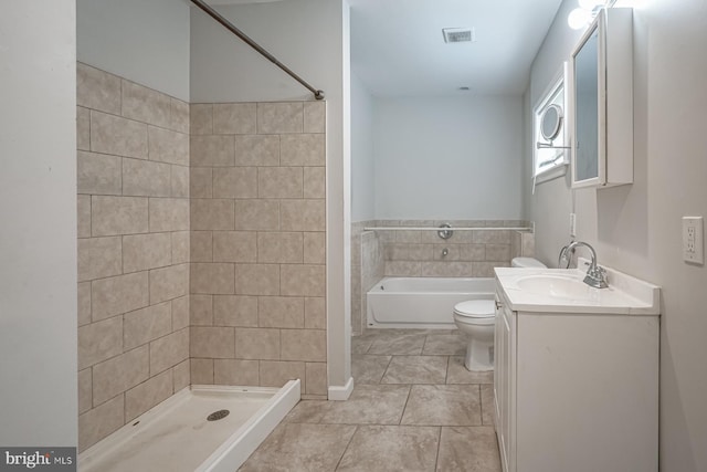 318 12th St, Hammonton, NJ 08037 - bathroom featuring vanity, toilet, tile patterned flooring, a garden tub, and a shower