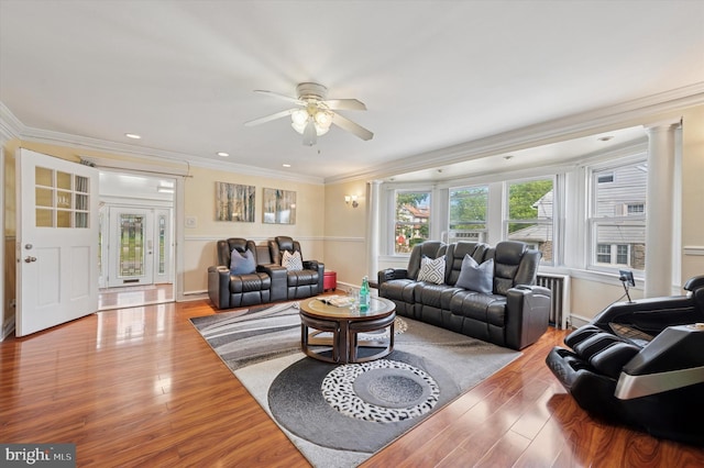 7200 Wayne Ave, Upper Darby, PA 19082 - living area with wood finished floors, crown molding, ceiling fan, recessed lighting, and baseboards