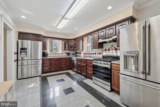 7200 Wayne Ave, Upper Darby, PA 19082 - kitchen with stainless steel appliances, a sink, light countertops, crown molding, and granite tiled floors