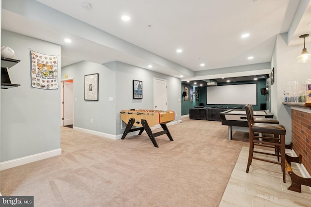 14520 Fairdale Rd, Silver Spring, MD 20905 - rec room featuring recessed lighting, light carpet, baseboards, billiards table, and bar area