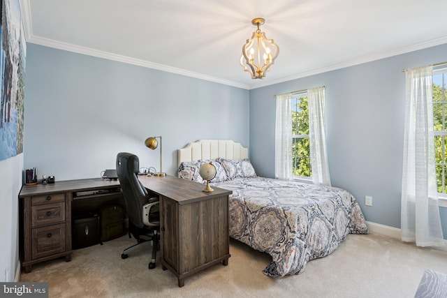 1112 Cornwallis Way, Collegeville, PA 19426 - bedroom featuring multiple windows, a chandelier, ornamental molding, light carpet, and baseboards