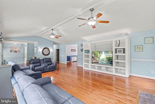 26471 N Sandgates Rd, Mechanicsville, MD 20659 - living room featuring ceiling fan, wood finished floors, baseboards, and vaulted ceiling