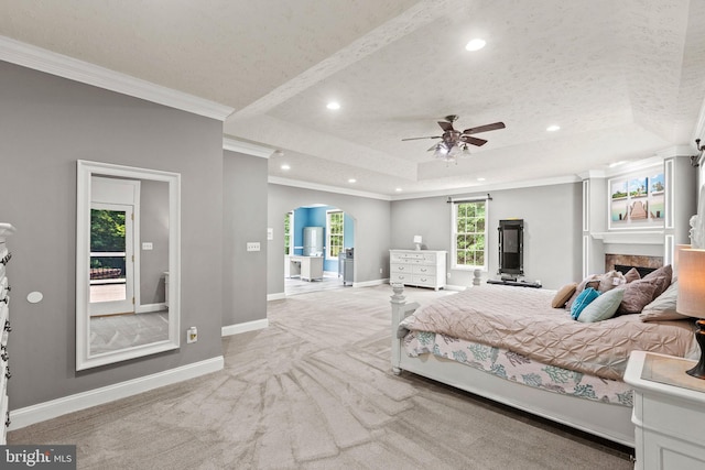 26471 N Sandgates Rd, Mechanicsville, MD 20659 - bedroom with arched walkways, baseboards, a textured ceiling, a tray ceiling, and ornamental molding