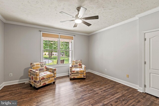 26471 N Sandgates Rd, Mechanicsville, MD 20659 - sitting room featuring wood finished floors, a ceiling fan, a textured ceiling, baseboards, and ornamental molding