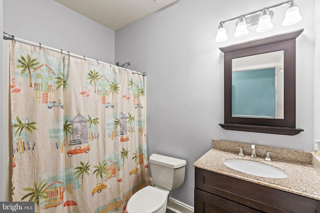26471 N Sandgates Rd, Mechanicsville, MD 20659 - bathroom with toilet, vanity, a textured ceiling, and a shower with shower curtain