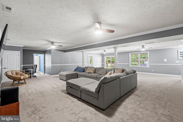26471 N Sandgates Rd, Mechanicsville, MD 20659 - carpeted living area with a ceiling fan, ornamental molding, baseboards, and a textured ceiling