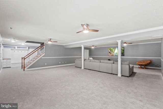 26471 N Sandgates Rd, Mechanicsville, MD 20659 - below grade area with ceiling fan, stairway, crown molding, carpet floors, and baseboards