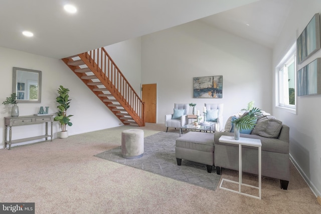 11510 Bucknell Dr Unit 201, Silver Spring, MD 20902 - carpeted living room featuring stairs, vaulted ceiling, and recessed lighting