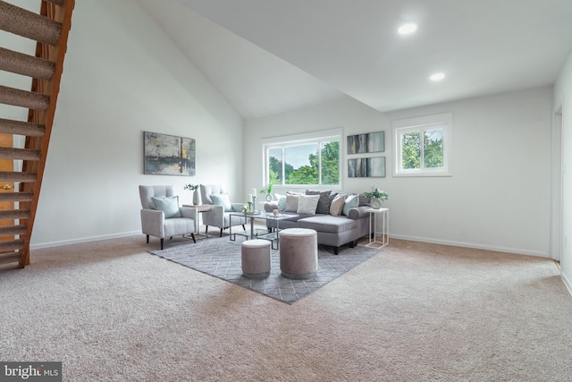 11510 Bucknell Dr Unit 201, Silver Spring, MD 20902 - carpeted living area with stairway, high vaulted ceiling, and recessed lighting