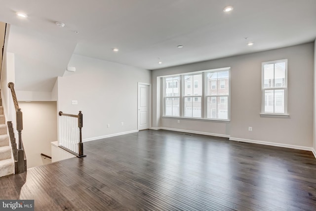 9608 Julia Ln, Owings Mills, MD 21117 - unfurnished living room featuring dark wood-style flooring, recessed lighting, and baseboards