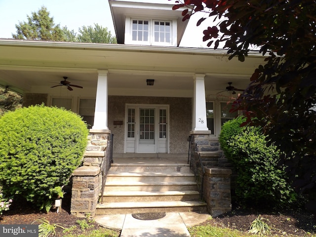 28 N Wakefield, Jeffersonville, PA 19403 - entrance to property featuring a ceiling fan, covered porch, and stucco siding