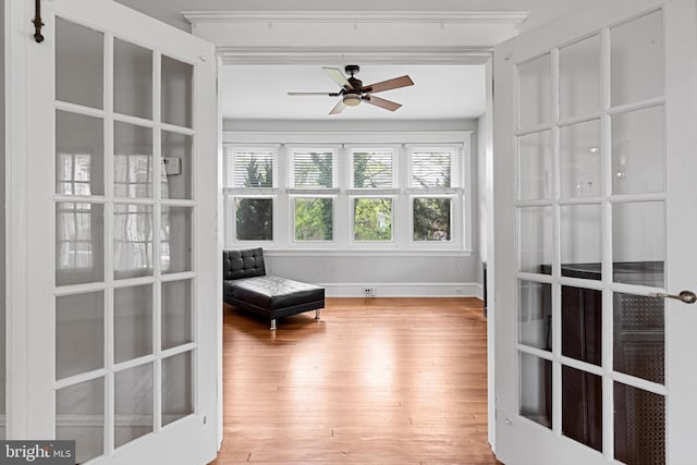 28 N Wakefield, Jeffersonville, PA 19403 - sitting room featuring wood finished floors, a ceiling fan, baseboards, and french doors