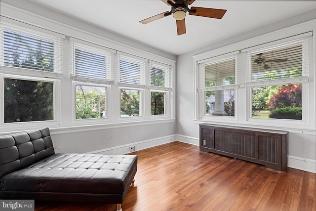 28 N Wakefield, Jeffersonville, PA 19403 - living area with radiator heating unit, baseboards, hardwood / wood-style flooring, and a ceiling fan