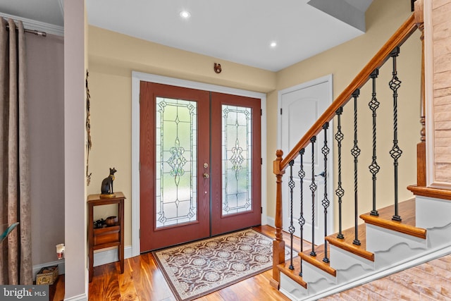 95 Meadowfield Dr, Southampton, PA 18966 - entrance foyer featuring french doors, stairs, wood finished floors, and recessed lighting