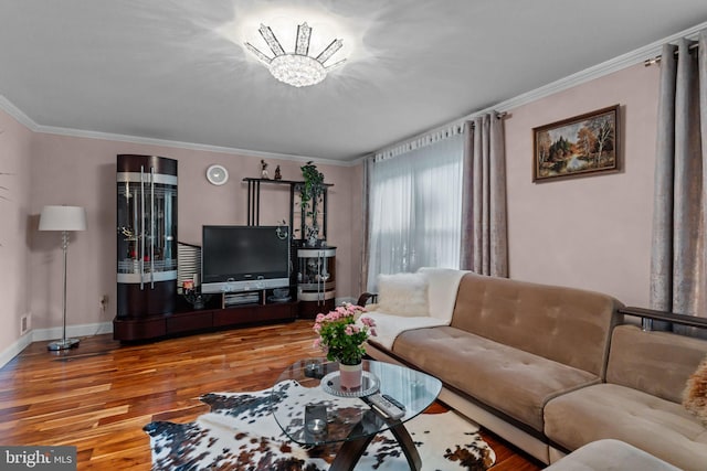 95 Meadowfield Dr, Southampton, PA 18966 - living room with wood finished floors, baseboards, ornamental molding, and a chandelier