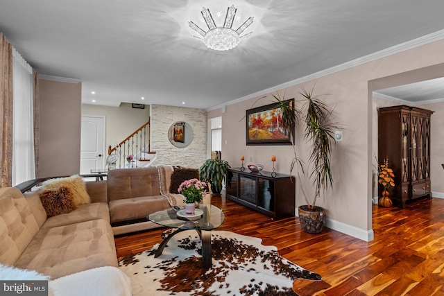 95 Meadowfield Dr, Southampton, PA 18966 - living area featuring stairs, ornamental molding, baseboards, wood finished floors, and a chandelier