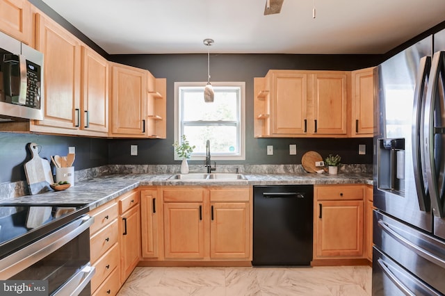 8678 Paxton St, Hummelstown, PA 17036 - kitchen with stainless steel appliances, a sink, light brown cabinetry, and light marble finish floors