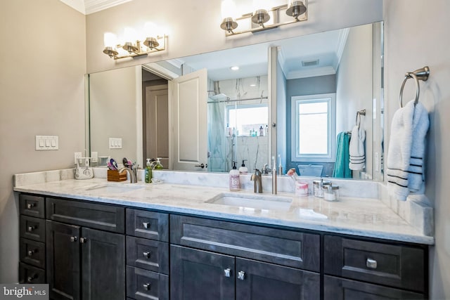 1603 S 6th St, Philadelphia, PA 19148 - bathroom featuring ornamental molding, double vanity, and a shower stall