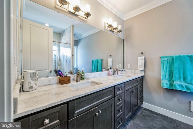 1603 S 6th St, Philadelphia, PA 19148 - full bathroom featuring crown molding, double vanity, and an enclosed shower