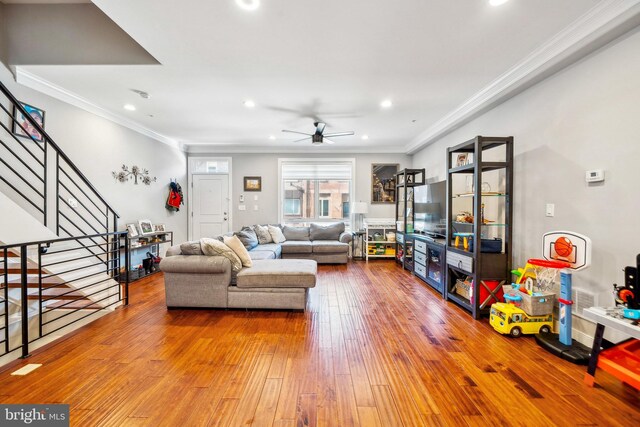 1603 S 6th St, Philadelphia, PA 19148 - living area with stairway, ceiling fan, crown molding, recessed lighting, and wood-type flooring