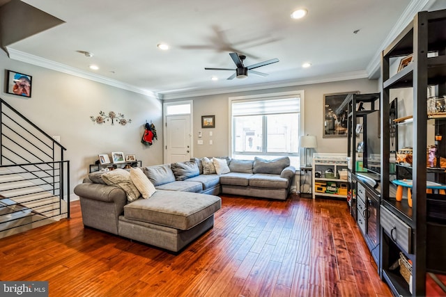 1603 S 6th St, Philadelphia, PA 19148 - living room with a ceiling fan, dark wood finished floors, stairway, ornamental molding, and recessed lighting