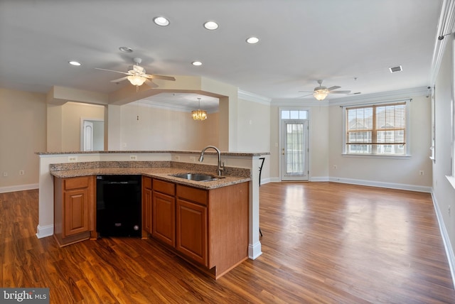 902 Macphail Woods Xing Unit 2I, Bel Air, MD 21015 - kitchen featuring a sink, dishwasher, a ceiling fan, brown cabinets, and crown molding
