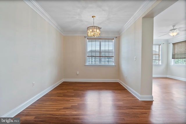 902 Macphail Woods Xing Unit 2I, Bel Air, MD 21015 - empty room featuring ornamental molding, a chandelier, wood finished floors, baseboards, and a ceiling fan