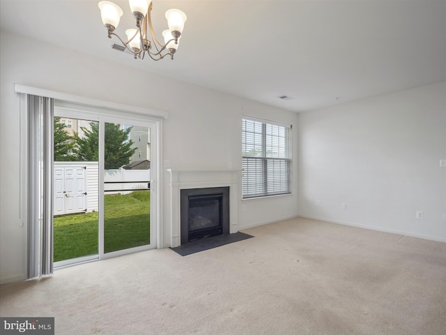 18238 Hurricane Ct, Hagerstown, MD 21740 - unfurnished living room with a chandelier, carpet, a fireplace with flush hearth, and baseboards