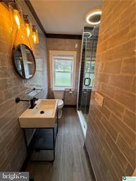 333 Decker Ferry Rd, Mount Bethel, PA 18343 - full bathroom featuring a stall shower, toilet, wood finished floors, and a sink