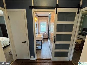 333 Decker Ferry Rd, Mount Bethel, PA 18343 - corridor with a barn door and dark wood-style flooring