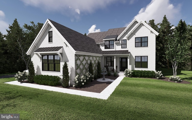 6128 W Valley Green Rd, Flourtown, PA 19031 - modern inspired farmhouse with a standing seam roof, brick siding, a front lawn, metal roof, and a shingled roof