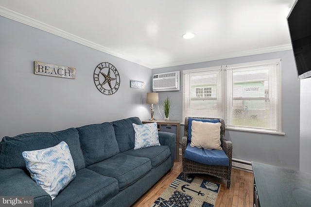 203 5th St Unit 34, Ocean City, MD 21842 - living area featuring a wall mounted air conditioner, ornamental molding, a baseboard radiator, light wood-type flooring, and recessed lighting