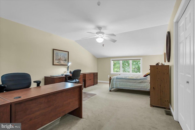 109 Great Circle Rd, Newark, DE 19711 - carpeted bedroom with vaulted ceiling, a closet, an office area, baseboards, and ceiling fan