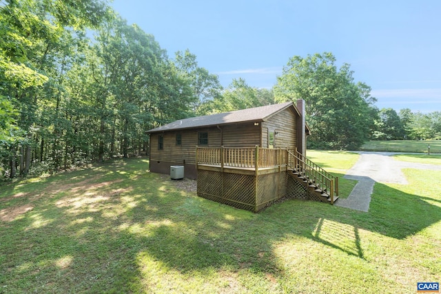 406 Green Meadow Ln, Scottsville, VA 24590 - back of property featuring stairs, a chimney, crawl space, central AC, and a wooden deck