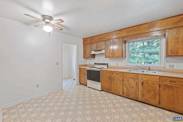 406 Green Meadow Ln, Scottsville, VA 24590 - kitchen featuring range with electric cooktop, a sink, under cabinet range hood, light countertops, and brown cabinets